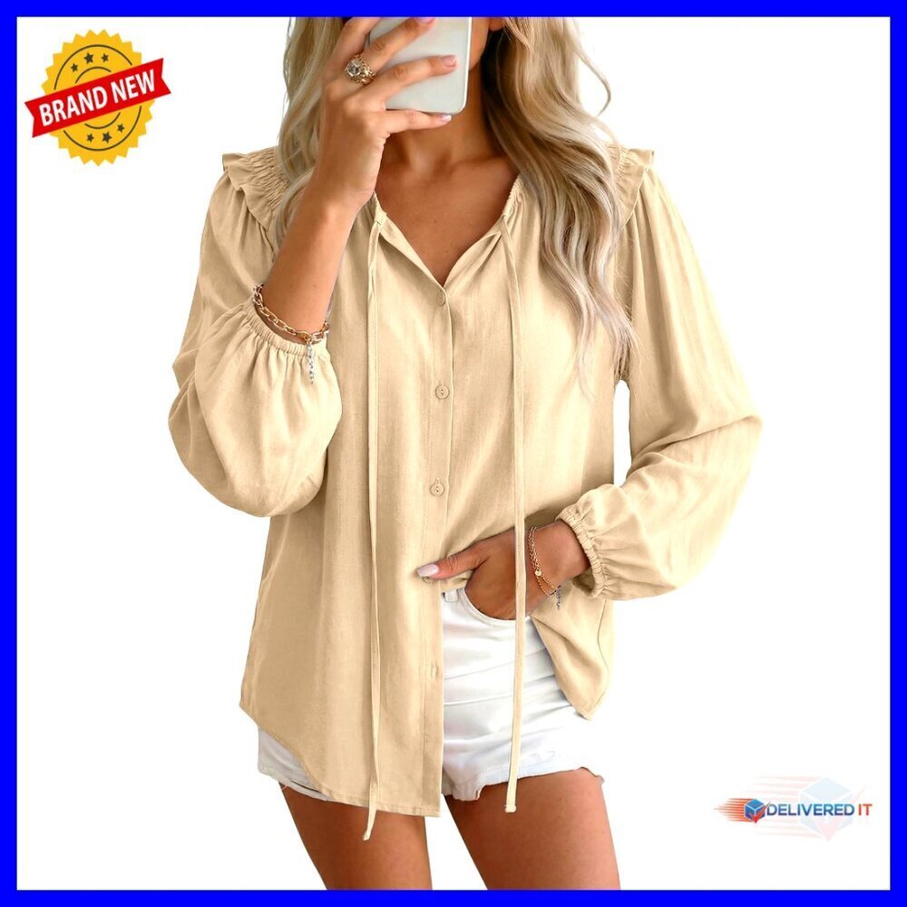 Tie Front Lantern Sleeve Blouse Ruffle Crew Neck Button Down Boho Chic